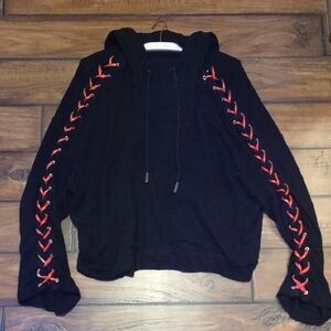 "The Kooples"  Black Hoodie with Red Lace-Up Sleeves. Size L / XL